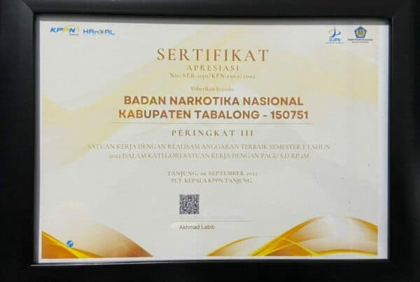BNNK Tabalong Mendapatkan Penghargaan Satker Dengan Realisasi Anggaran Terbaik III Smester I Tahun 2022 Dari KPPN Tanjung